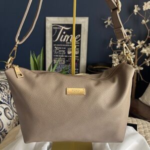 BCBG Paris Taupe Pebbled faux leather crossbody shoulder bag